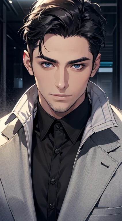 (best quality,4k,8k,highres,masterpiece:1.2),ultra-detailed,(realistic,photorealistic,photo-realistic:1.37),1 man,31 years old,mature man,very handsome,without expression,smile,short grey black hair,blue eyes,penetrating gaze,perfect face without errors,imposing posture,businessman,office background,cinematic lighting,hdr image