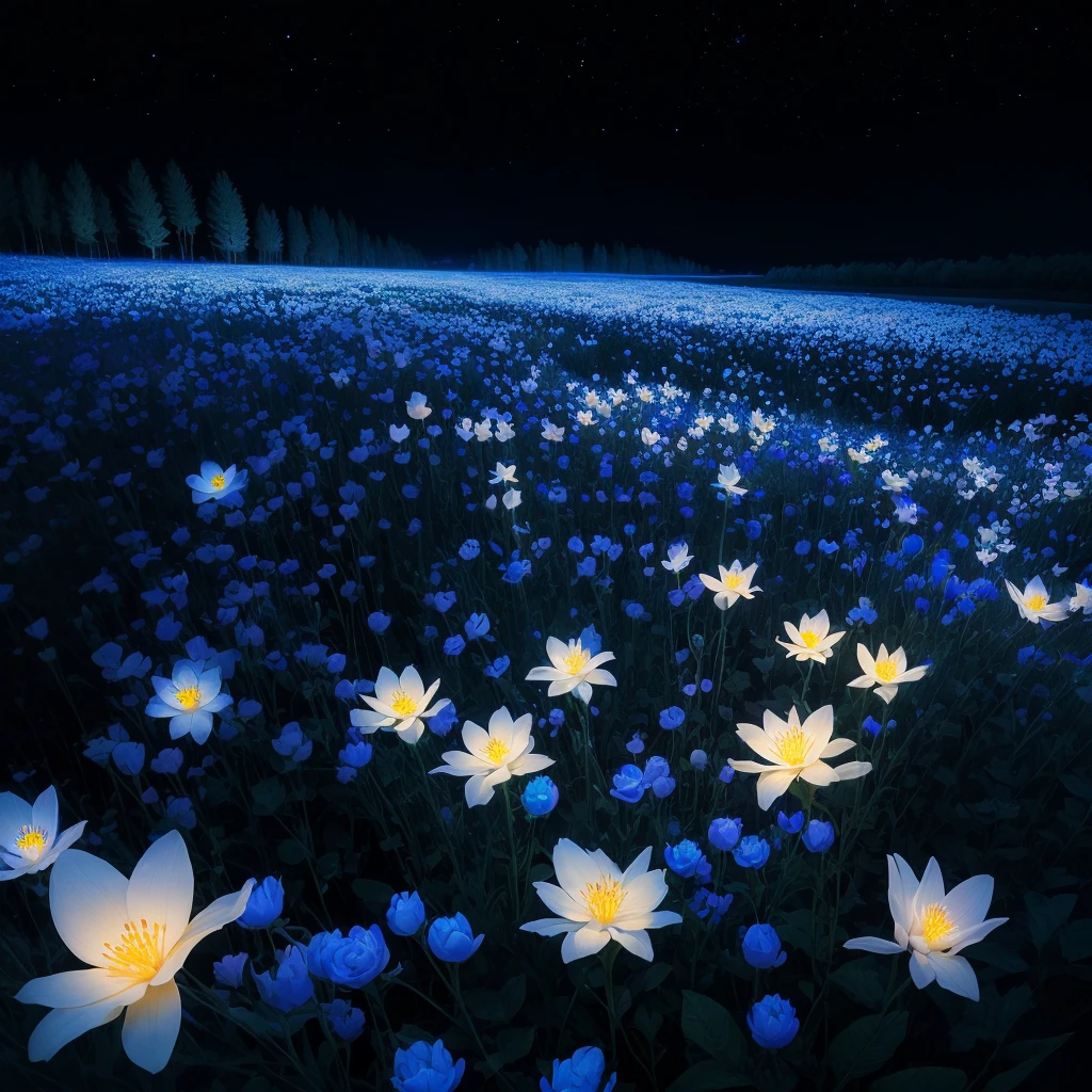 there are many white flowers in the dark with a black background, glowing flowers, luminous flowers, beautiful blue lights, glowing blue, bioluminescent plants, night sky full of flowers, by Bruce Munro, blues. beautiful, ethereal blue lighting, blue lights, field of flowers at night, blue flowers, blue bioluminescence