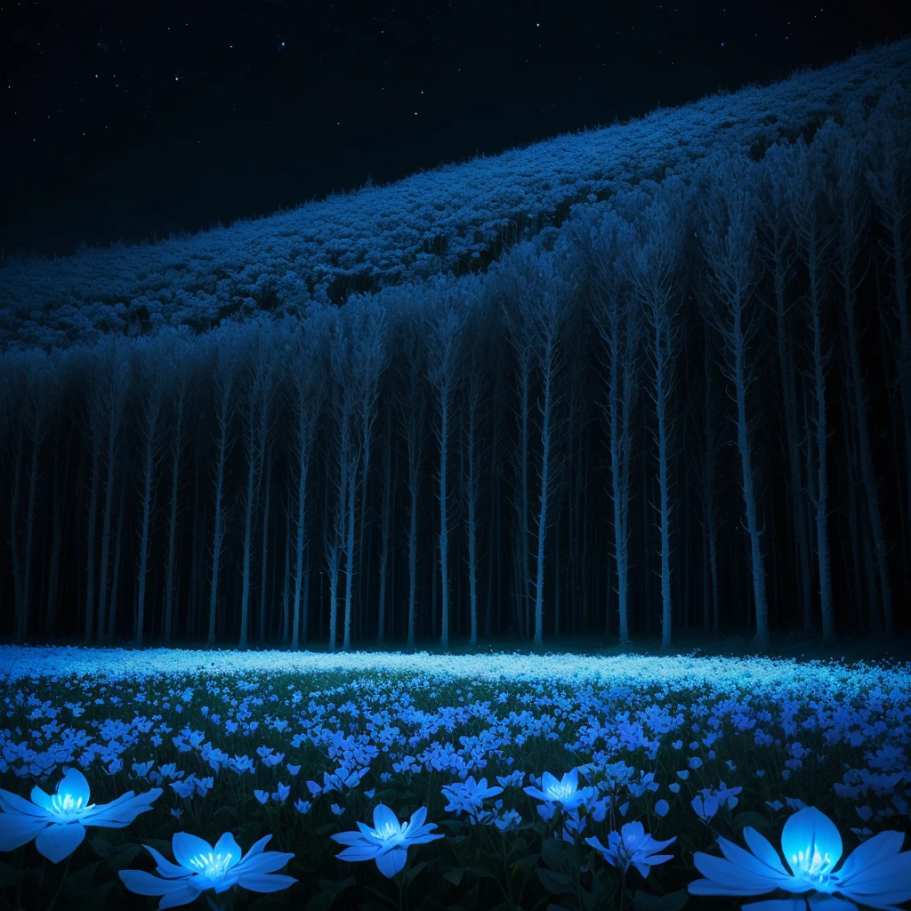 there are many white flowers in the dark with a black background, glowing flowers, luminous flowers, beautiful blue lights, glowing blue, bioluminescent plants, night sky full of flowers, by Bruce Munro, blues. beautiful, ethereal blue lighting, blue lights, field of flowers at night, blue flowers, blue bioluminescence