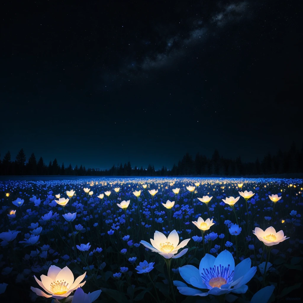 there are many white flowers in the dark with a black background, glowing flowers, luminous flowers, beautiful blue lights, glowing blue, bioluminescent plants, night sky full of flowers, by Bruce Munro, blues. beautiful, ethereal blue lighting, blue lights, field of flowers at night, blue flowers, blue bioluminescence