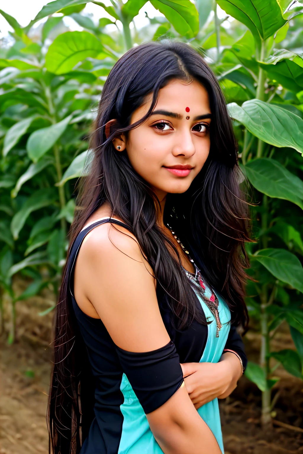 beautiful cute young attractive indian age girl, , 18 years old, cute, long black_hair, colorful hair, warm, dacing, in farm, indian, wearing kurti