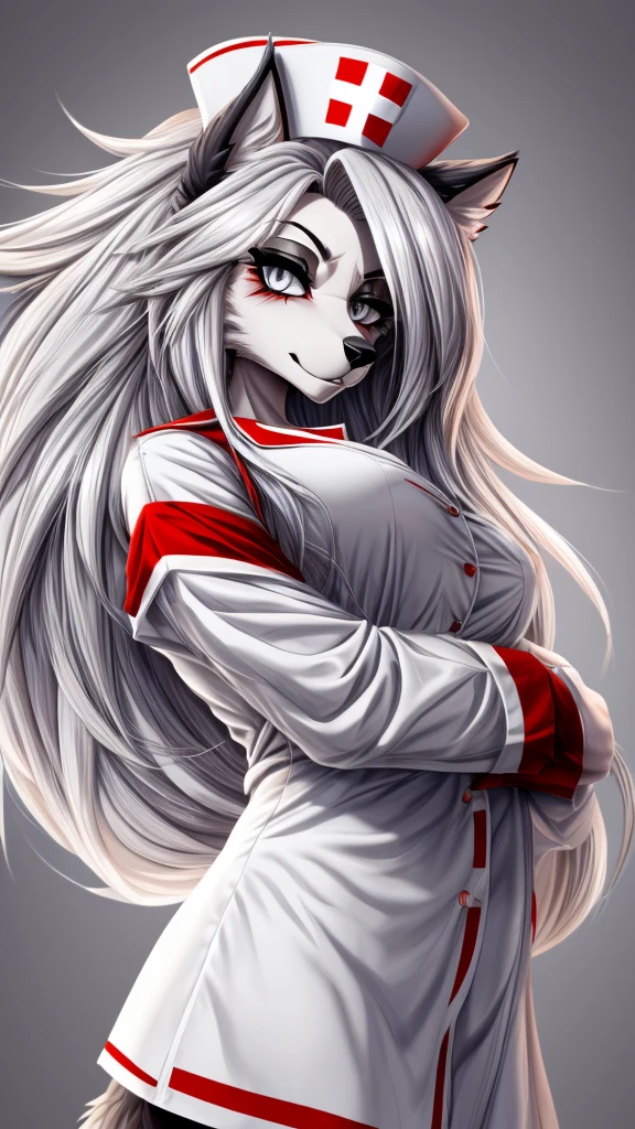 Loona from Helluva Boss, female wolf, anthro, fluffy cozy short white hair, grey eyes, mature adult, nurse outfit, serious, detailed, solo, beautiful, high quality, manhwa style, clear background, 4K