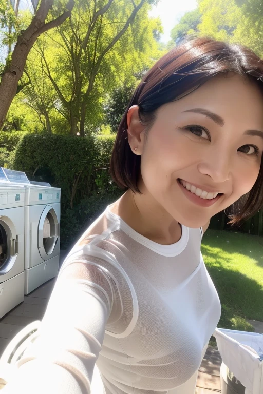 high resolution、8K、Soft Light、Backlight、Bob Hair、Sexy 45 year old Japanese wife、(Hanging out the laundry:1.5)、Transparent clothing、Outdoor、Blue sky、Clear skies、grass、Sunlight filtering through the trees、Angle looking up from below、A carefree smile、The best smile、See-through silhouette
