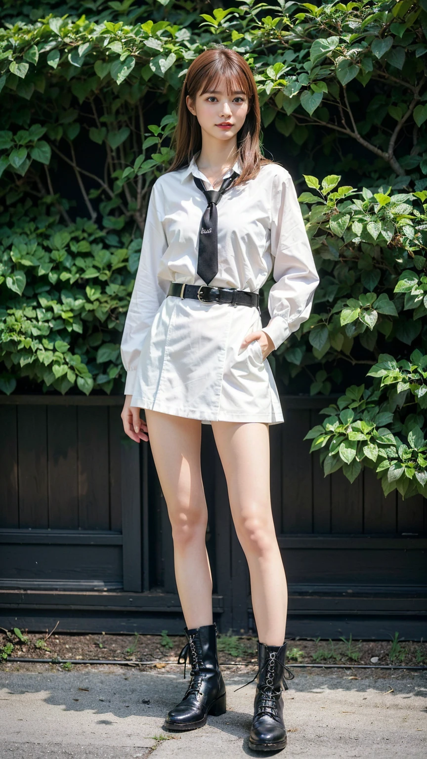 (8K、RAW Photos、Highest quality、masterpiece:1.2)、(Realistic、Realistic)、1 Girl、((Check mini skirt、tie、Medium Hair、black、Thin legs、whole body、boots、blackいコート、one piece、garden、View from the front、Looking into the camera、belt、Stand with hands on hips))、