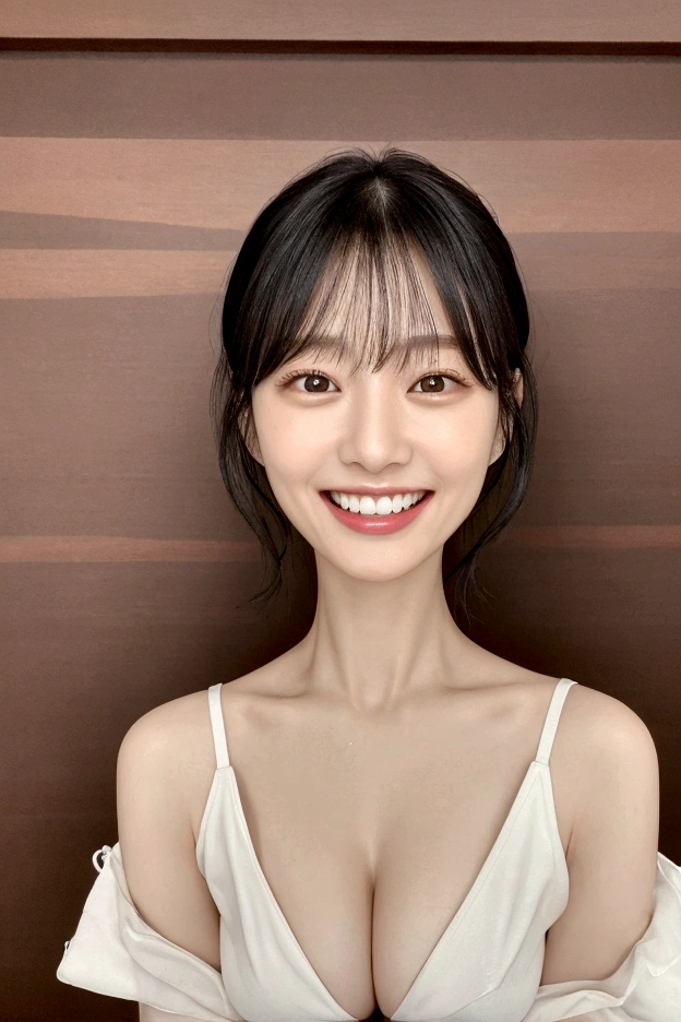 The background is a wooden room、１people、Delicate skin quality、日本people、((Highest quality, 4K, Masterpiece: 1.3)), Beautiful style: 1.4, Short black hair, one piece, Large Breasts, Wet body, Sweaty, Place your arms on your hips, smile, Highly detailed face and skin texture, Fine grain, double eyelid、The whole body is visible、White teeth