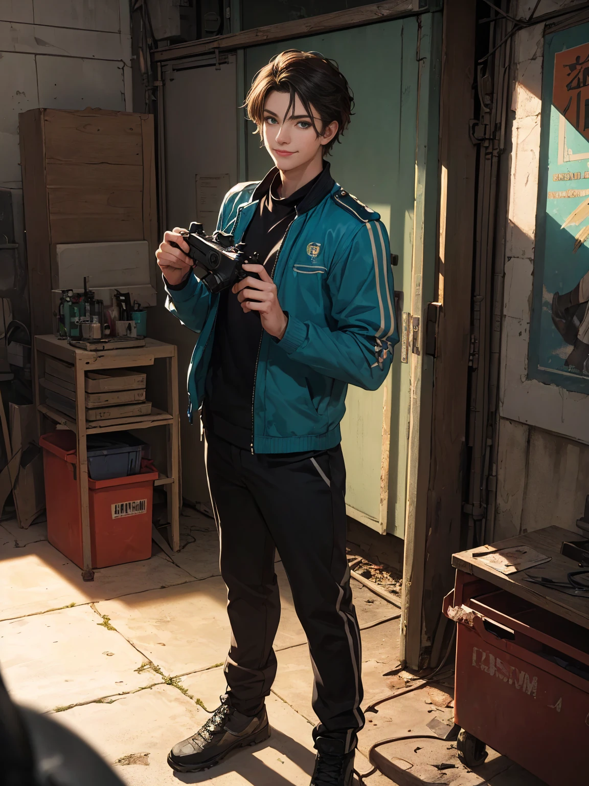 ((general shot facing the camera: 1.6)), unreal engine: 1.4, ultrarealistic, photorealist CG K: 1.4, perfectly detailed skin texture: 1.4, ((artwork 1 young man full body: 1.5)), ((by rubio, green eyes, Full-bodied lips and a sensual, self-confident smile.:1.5)), punk style hairstyle with shaved side:1.3, tattoos, Pistol gatling, box, look at the viewer, dynamic and virile pose, hits, ammunition belt, gloves, big muscles, Shooting, extremely detailed: 1.4, more detailed, optical mix, fun patterns, animated texture, Unique visual effect:1.3, petrol blue jacket:1.3, Masterpiece, At the bottom, some abandoned buildings with garbage., ((colors, cian, green, Orange, Brown: 1.2 )), ((Realistic 8k digital art.)), 32k