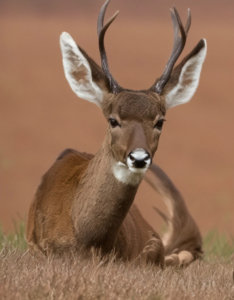 A deer lying in the grass, 两只Pointed ears, Imperial posture, deer ears, Slightly buck teeth, Big Horn, long Pointed ears, deer portrait, with Pointed ears, Horns on the head, 苍白的Pointed ears, Young male, big ear, Peaceful Expression, Corners under cheeks, Pointed ears, Pointed ears