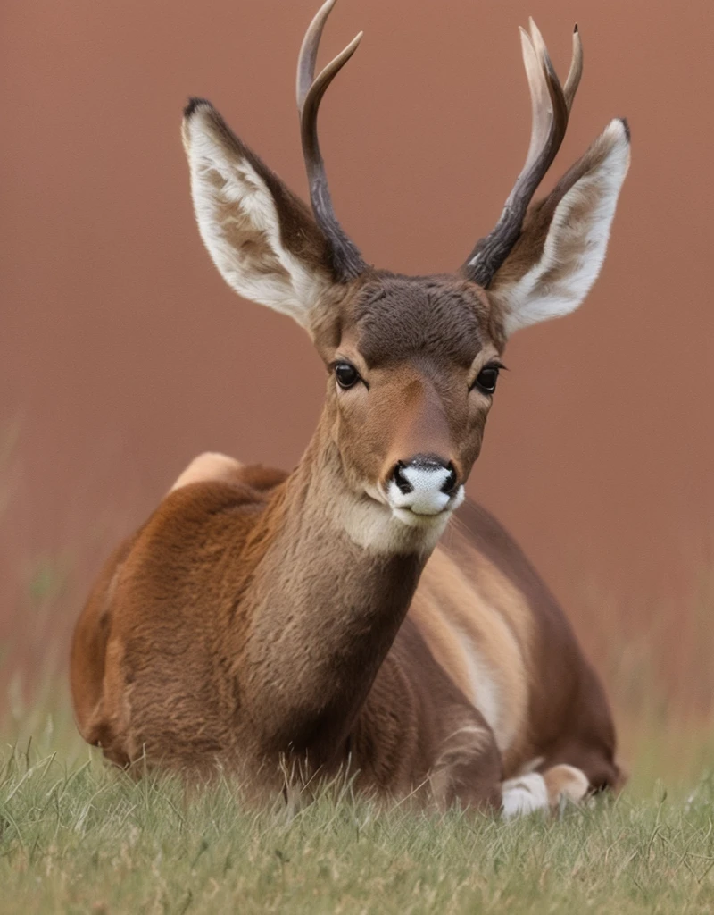 A deer lying in the grass, 两只Pointed ears, Imperial posture, deer ears, Slightly buck teeth, Big Horn, long Pointed ears, deer portrait, with Pointed ears, Horns on the head, 苍白的Pointed ears, Young male, big ear, Peaceful Expression, Corners under cheeks, Pointed ears, Pointed ears
