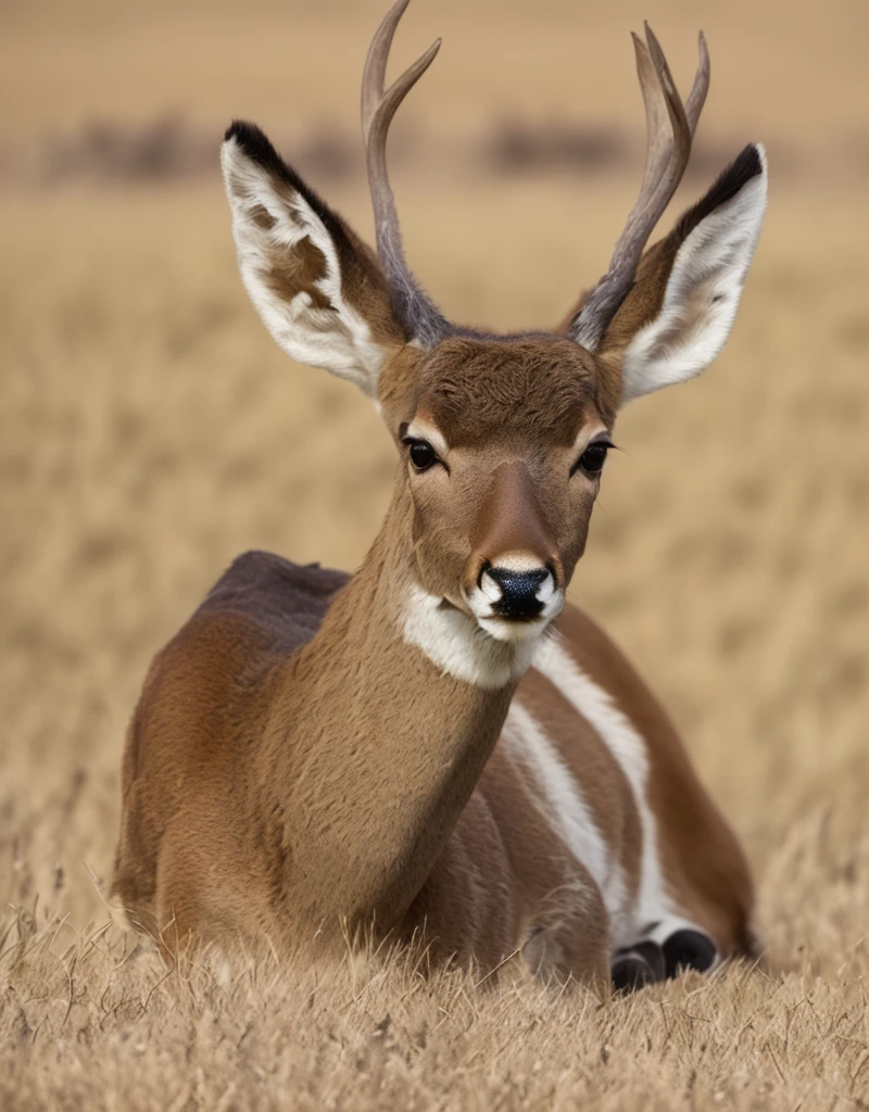 A deer lying in the grass, 两只Pointed ears, Imperial posture, deer ears, Slightly buck teeth, Big Horn, long Pointed ears, deer portrait, with Pointed ears, Horns on the head, 苍白的Pointed ears, Young male, big ear, Peaceful Expression, Corners under cheeks, Pointed ears, Pointed ears