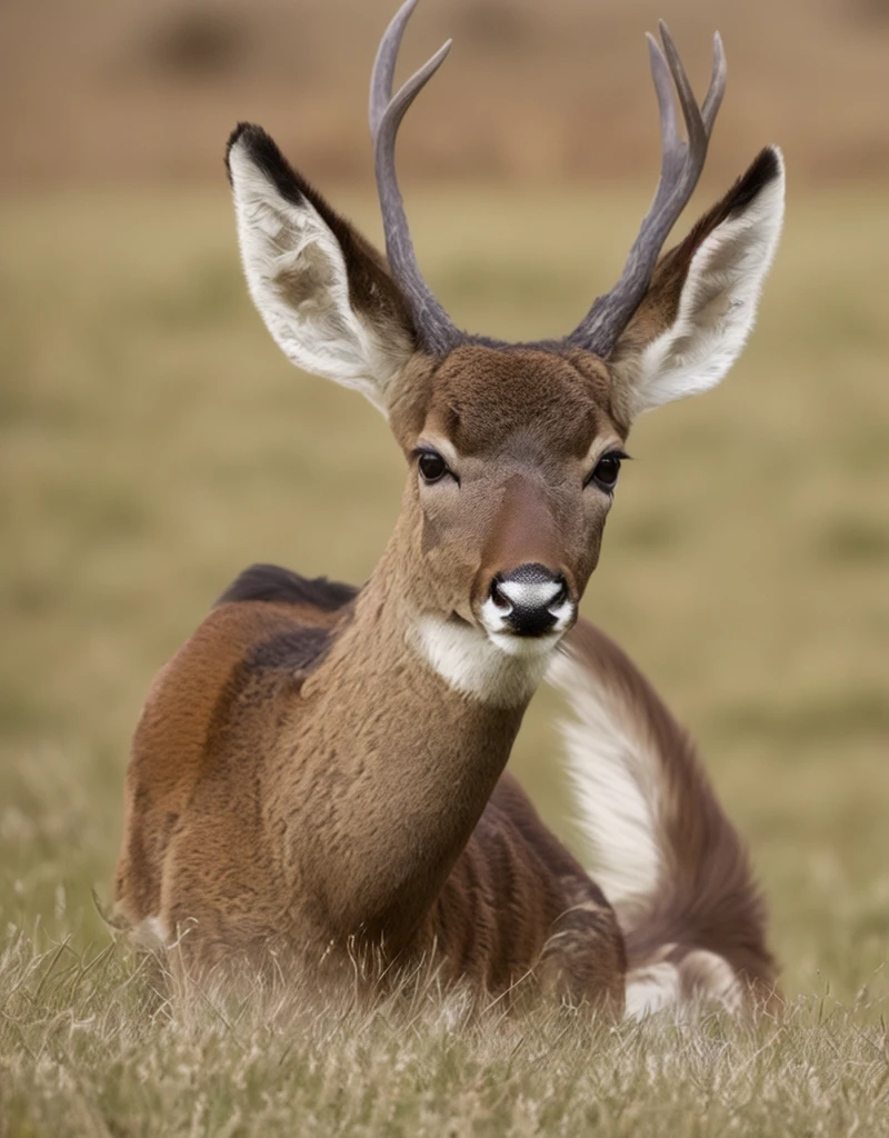 A deer lying in the grass, 两只Pointed ears, Imperial posture, deer ears, Slightly buck teeth, Big Horn, long Pointed ears, deer portrait, with Pointed ears, Horns on the head, 苍白的Pointed ears, Young male, big ear, Peaceful Expression, Corners under cheeks, Pointed ears, Pointed ears