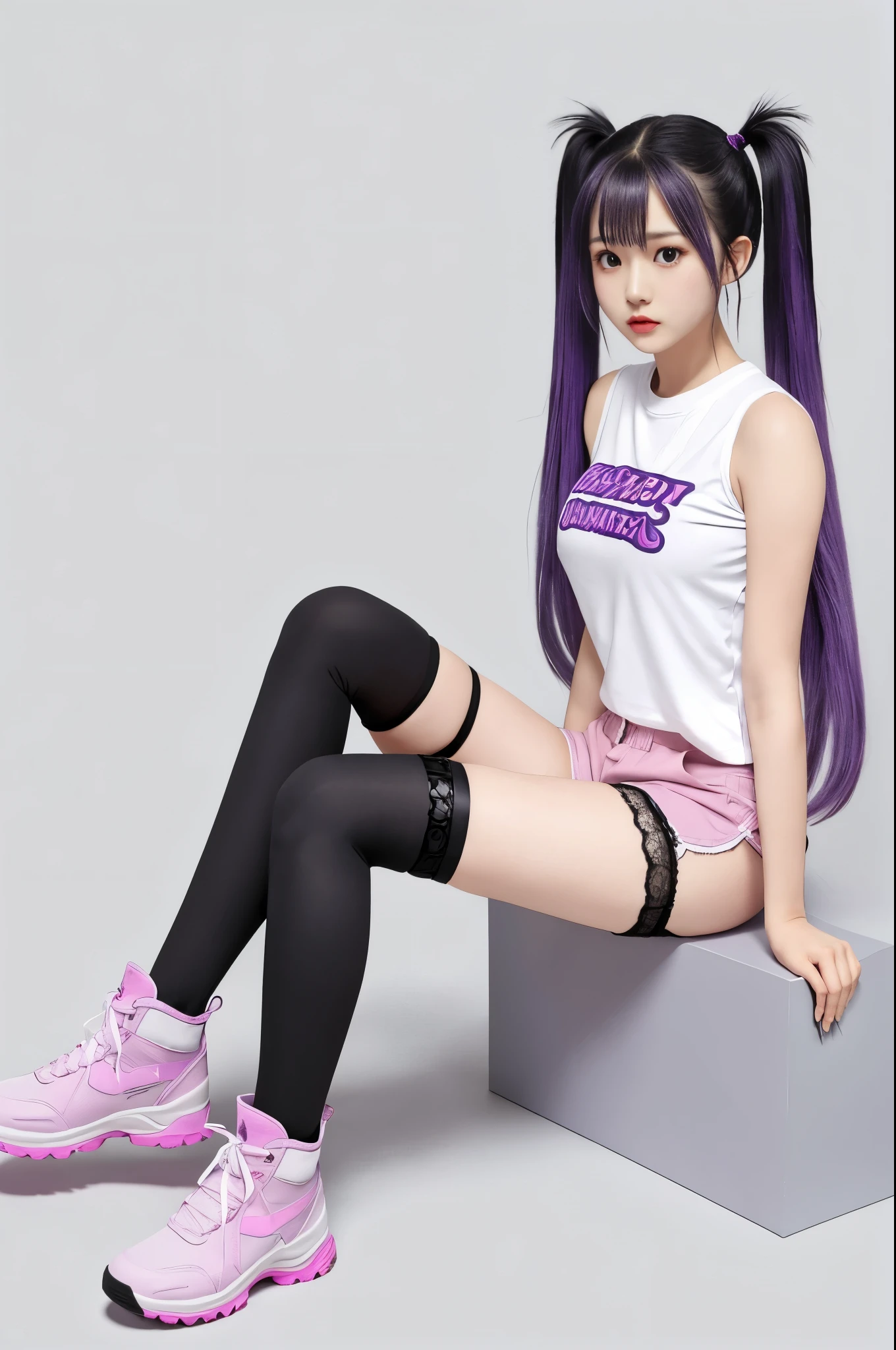 1girl, solo, long hair, breasts, looking at viewer, simple background, shirt, black hair, thighhighs, twintails, sitting, very long hair, purple eyes, full body, white shirt, purple hair, boots, shorts, sleeveless, grey background, black footwear, short shorts, cross-laced footwear, lace-up boots, pink thighhighs, pink shorts