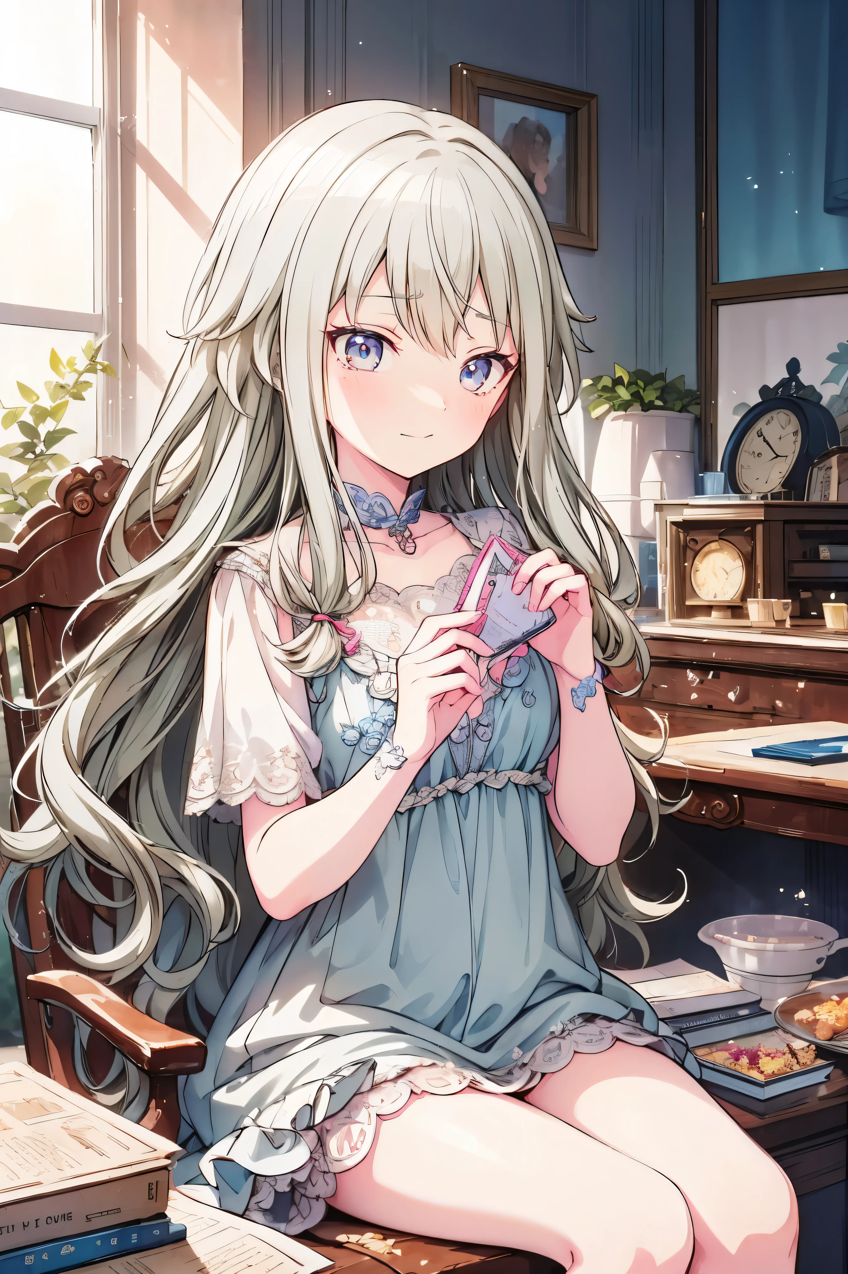 Tabletop、masterpiece、Best image quality、Look this way、Fluffy hair、Delicate eyes、Adorable, 最high quality、Mature Girl、1 person、smile、masterpiece, Most detailed, high quality、Shiny Hair、Very fine and beautiful bright eyes、nose blush、Very detailed, clear and beautiful face, Awards, (Anatomically correct)、Cowboy Shot、Sitting