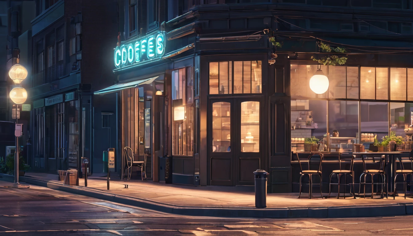 Generate an image of a deserted street at night with a lofi aesthetic coffee shop, highlighting the illuminated sign and the lamp posts in the background.