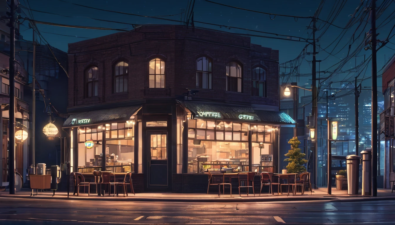 Generate an image of a deserted street at night with a lofi aesthetic coffee shop, highlighting the illuminated sign and the lamp posts in the background.