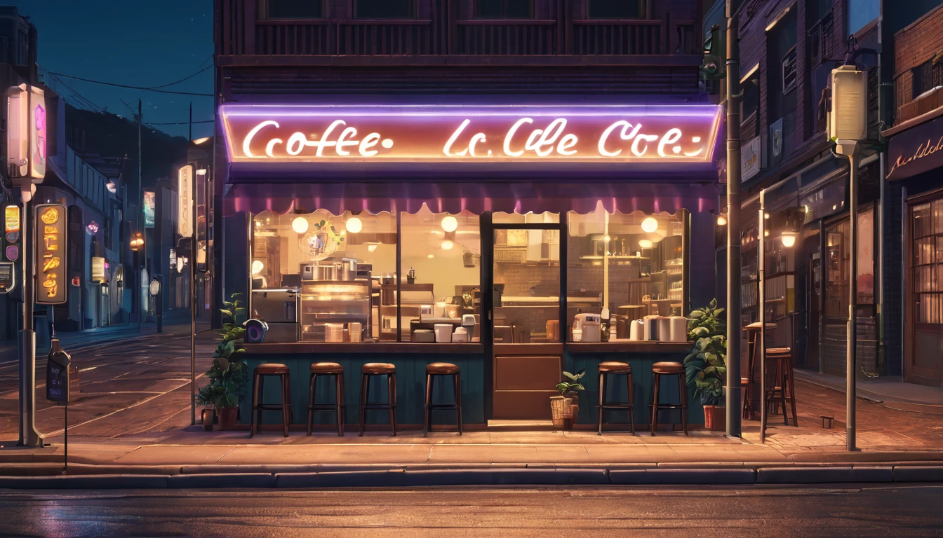 Generate an image of a deserted street at night with a lofi aesthetic coffee shop, highlighting the illuminated sign and the lamp posts in the background.