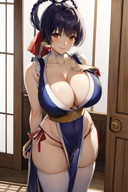 masterpiece, best quality, beautiful art, high resolution, well formed hands, body and fingers, 1 woman, solo, Xiangling, hair ornament, adult, grown up, big breasted, cleavage, full body, braided long hair, blue_japanese_clothes, wearing DOA Kasumi's blue kunoichi dress, sexy and skimpy japanese clothes, kimono peek, sleeveless, white stockings, gorgeous legs and thighs, doing exercise, warming up, working out, sexy and captivating training, smiling joyfully and happily , looking at the viewer, panties peek, sweating , bouncing breasts, t back thong, training montage session, beach environment