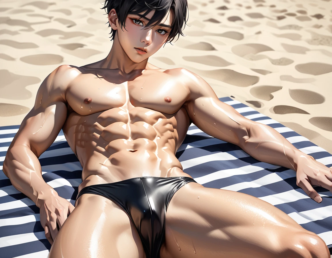 high quality, detailed, Realistic, (one japanese boy), (detailed black eyes), (abs:1.5), (shiny skin), detailed nipples, black hair, (black tiny thong), (erected bulge), summer beach, (smile:0.9), laying, sweat,