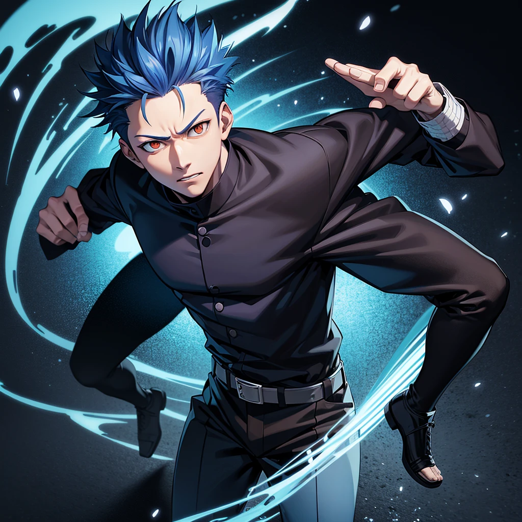 one japanese man, blue hair, orange eyes, high res, masterpiece, ultrasharp, jujustu kaisan style, jujutsu kaisen background, with a dragon