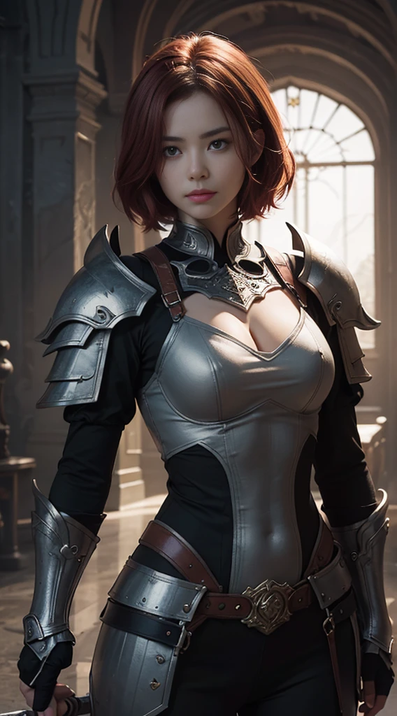 8K,超A high resolution,((Top image quality)), ((masterpiece)), (high-detail:1.3), Joan of Arc,Blue eyes,Red-haired shorthair,A MILF、large full breasts,Meticulous in the details of the decoration of the chest armor、Waist and leg armor,Round shield on the left arm,Beautiful expression,enticing,A sexy,Scenes of armor damage during the war
