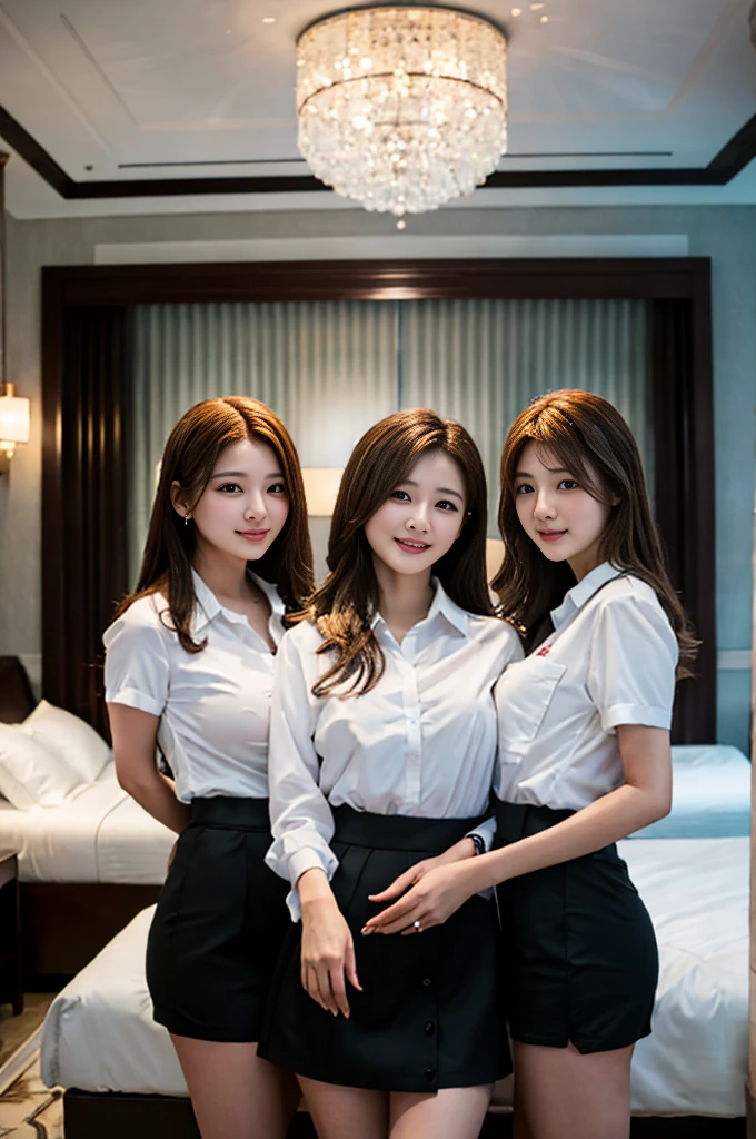 ((super high quality、High resolution、masterpiece、 Anatomically correct、Super detailed photos、Ultra-realistic photos、 Highest quality))、(3girls)、Group photo、looking at viewer、natural lighting、(Portrait Photography)、(White business shirt:1.2)、(from front)、(huge breast)、Light blue formal shirt、tight-fitting、Black Pencil Skirt、Small waist、Large Breasts、Detailed face、Perfect figure、Brown medium hair、Luxury hotel room at night、