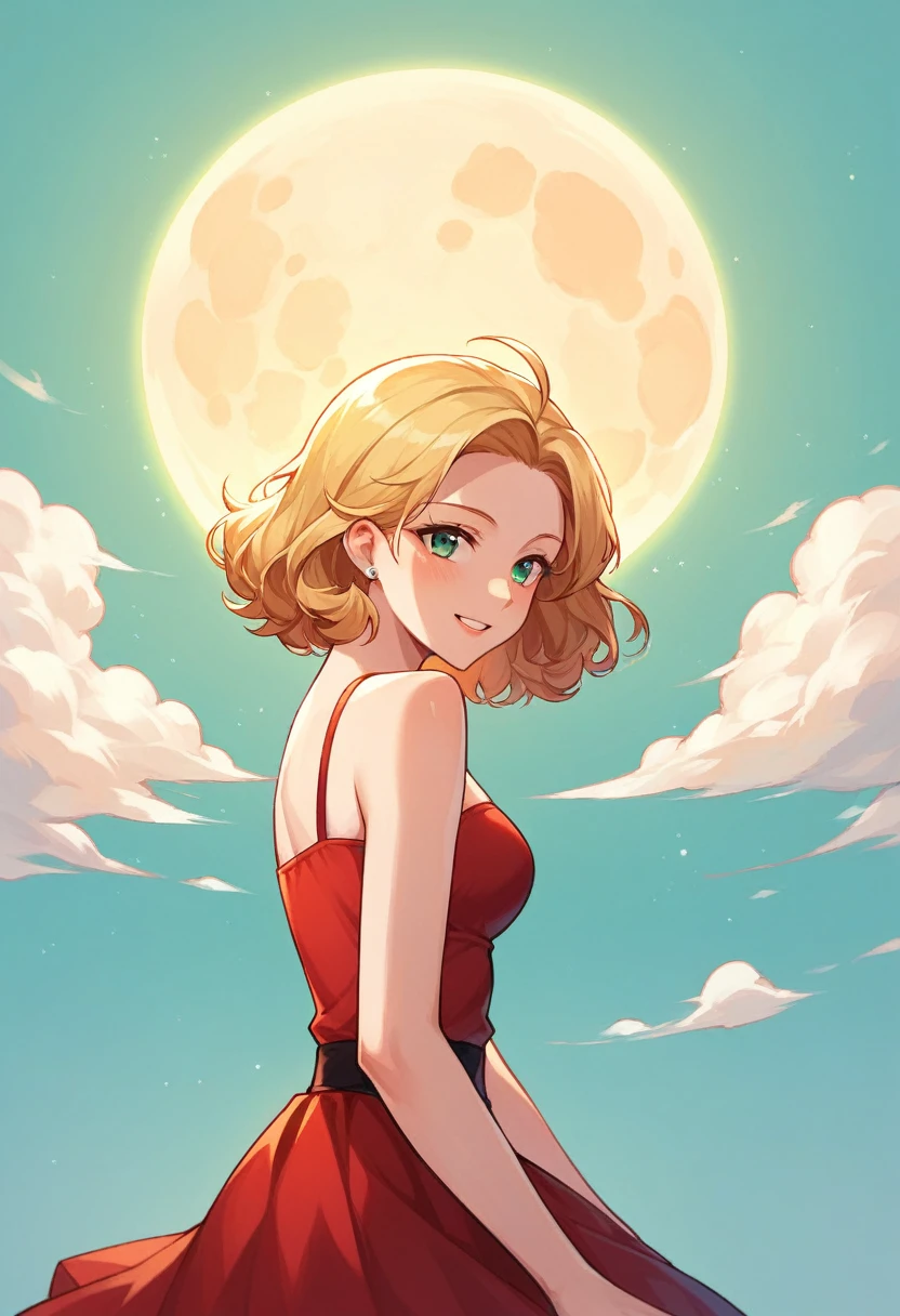 Create a dreamy, romantic, and ethereal scene. Picture a woman in a short red dress with short curly blonde hair, riding on a moon cloud and gracefully walking on a whirlpool. Her serene face is in the sky with the moon reflected in her eyes. The background features a radiant sunbeam, creating a whimsical, fantastical atmosphere. The entire scene should evoke a sense of fantasy and wonder, blending elements of the surreal and the poetic.