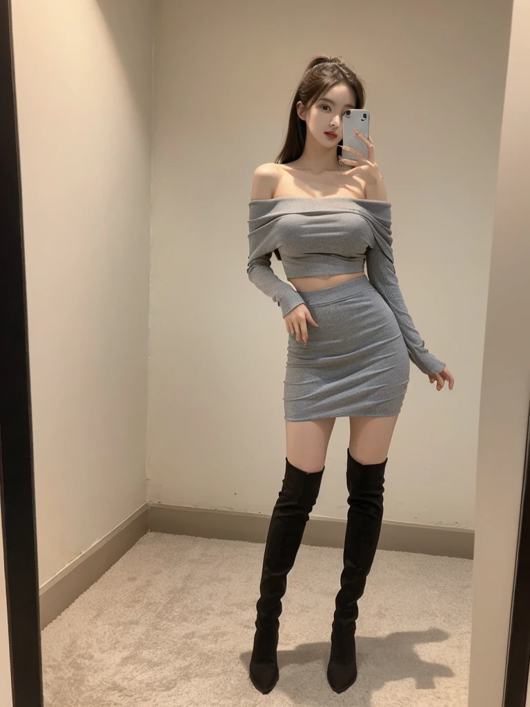 Taiwanese women，Female Model，Slim，Good shape，big breasts，HD， off-shoulder Crop top , skirt，under knee boots,whole body photo