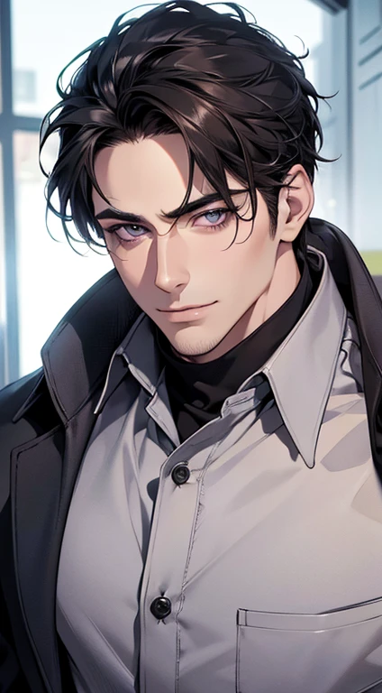 (best quality,4k,8k,highres,masterpiece:1.2),ultra-detailed,(realistic,photorealistic,photo-realistic:1.37),1 man,31 years old,mature man,very handsome,without expression,smile,short grey black hair, violet eyes,penetrating gaze,perfect face without errors,imposing posture,businessman,office background,cinematic lighting,hdr image
