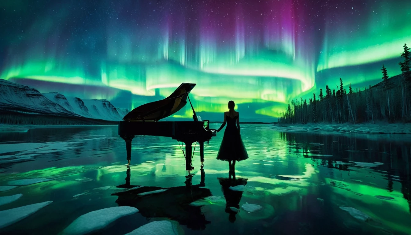 A mysterious and enchanting scene with one piano placed on the water under a sky full of aurora borealis. ((A beautiful woman is standing in front of the piano.)) The water surface reflects the view of the Northern Lights and is surrounded by silence. The piano is lit up and looks even more divine.
