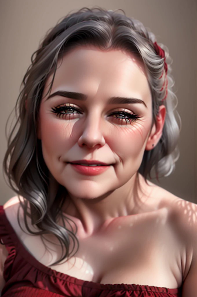 hyperrealistic art cinematic film still photography in the style of detailed hyperrealism photoshoot . Extremely high-resolution details, photographic, realism pushed to extreme, fine texture, incredibly lifelikewoman 60 years old,close up of chest_neck_hair, gray hair, red dress_ coy smile