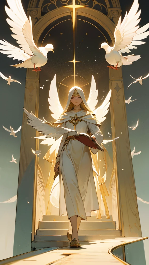 a divine hand guiding a human hand, divine intervention and guidance, a straight path with a figure walking towards a light or cross at the end, a dove representing the holy spirit guiding or illuminating the figure's path, open books or scrolls symbolizing divine teaching and wisdom, simple and clear style, soft and serene colors to highlight the spiritual theme