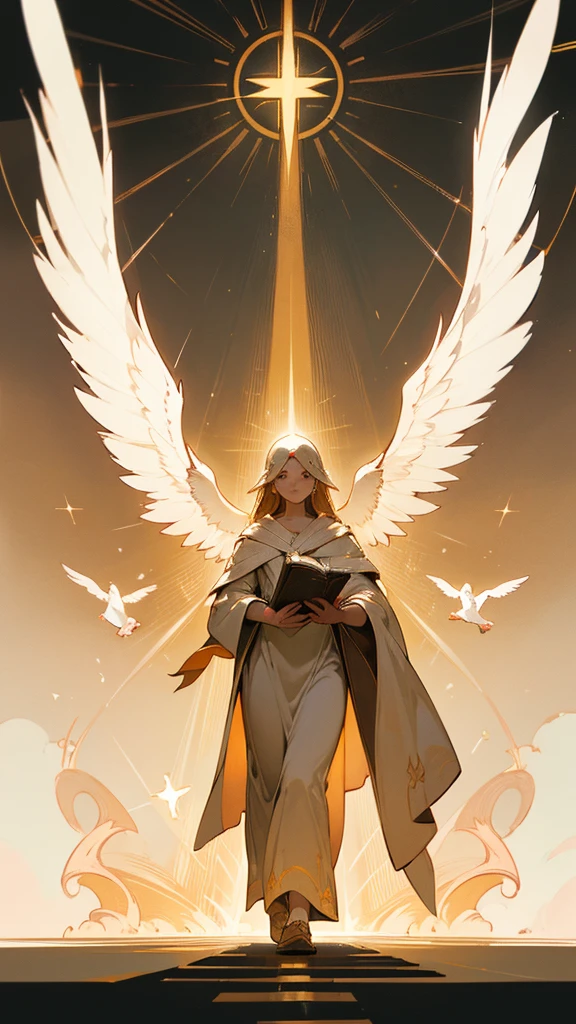a divine hand guiding a human hand, divine intervention and guidance, a straight path with a figure walking towards a light or cross at the end, a dove representing the holy spirit guiding or illuminating the figure's path, open books or scrolls symbolizing divine teaching and wisdom, simple and clear style, soft and serene colors to highlight the spiritual theme
