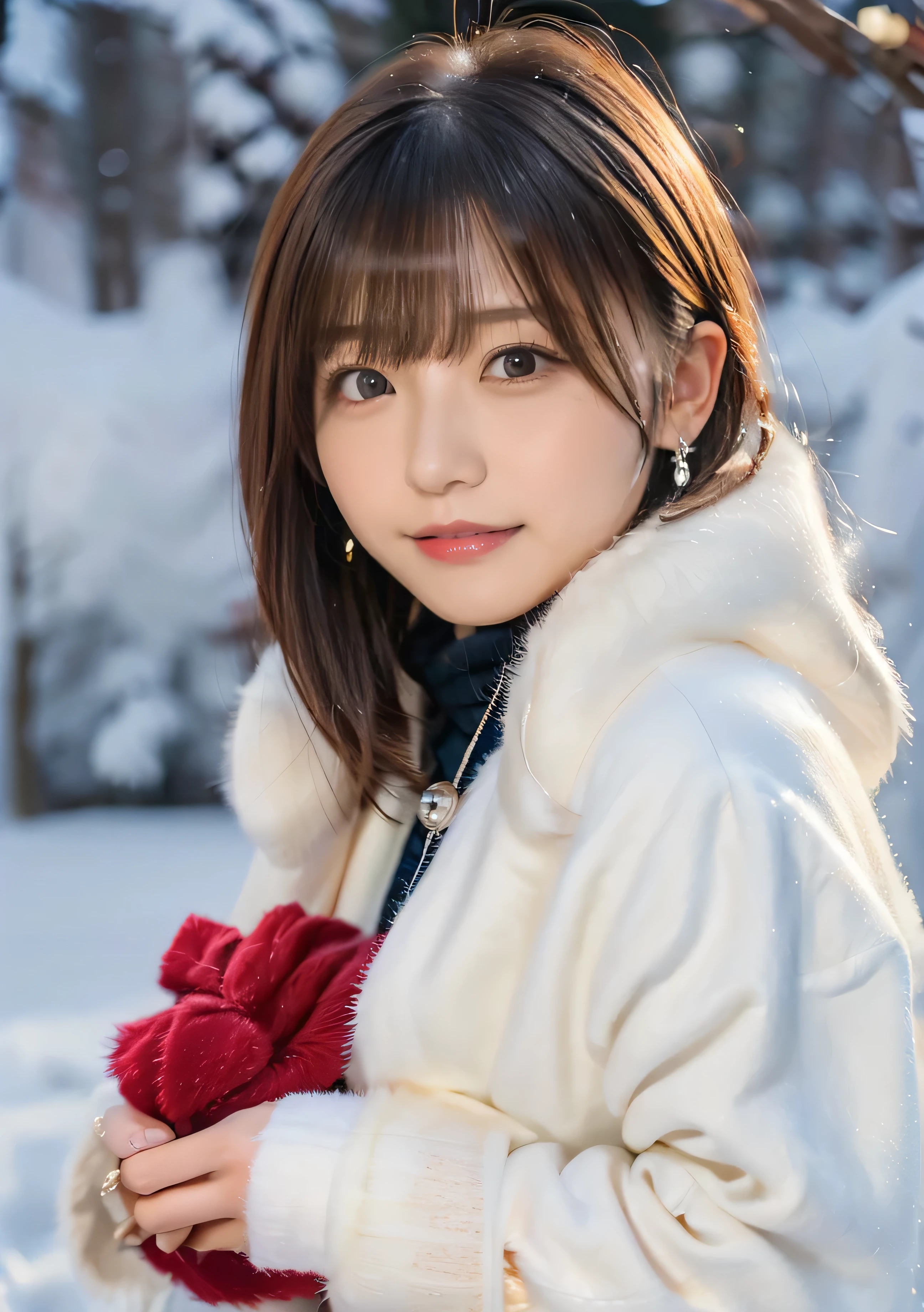 Holding a kitten、Photo from the waist up、Night city illumination shot、Cowgirl Shot、Fur coat、Luxurious grey mink fur coat、Wear fine leather boots、Luxury Bags、Inner turtleneck、Silver necklace and small silver earrings Millionaire style:1.4))、Full body photo、smile、 Caustics、Highly detailed photos、Very beautiful woman 、Ample breasts、No makeup、(8K、RAW Photos、Highest quality、masterpiece:1.2)、(Realistic、Realistic)、1 Girl、((Medium Short Hair、Midwinter、Cold region Snow falling、The wind is blowing、Fluttering Hair、Blur the background、Colorful illuminations、Looking into the camera:1.4))、