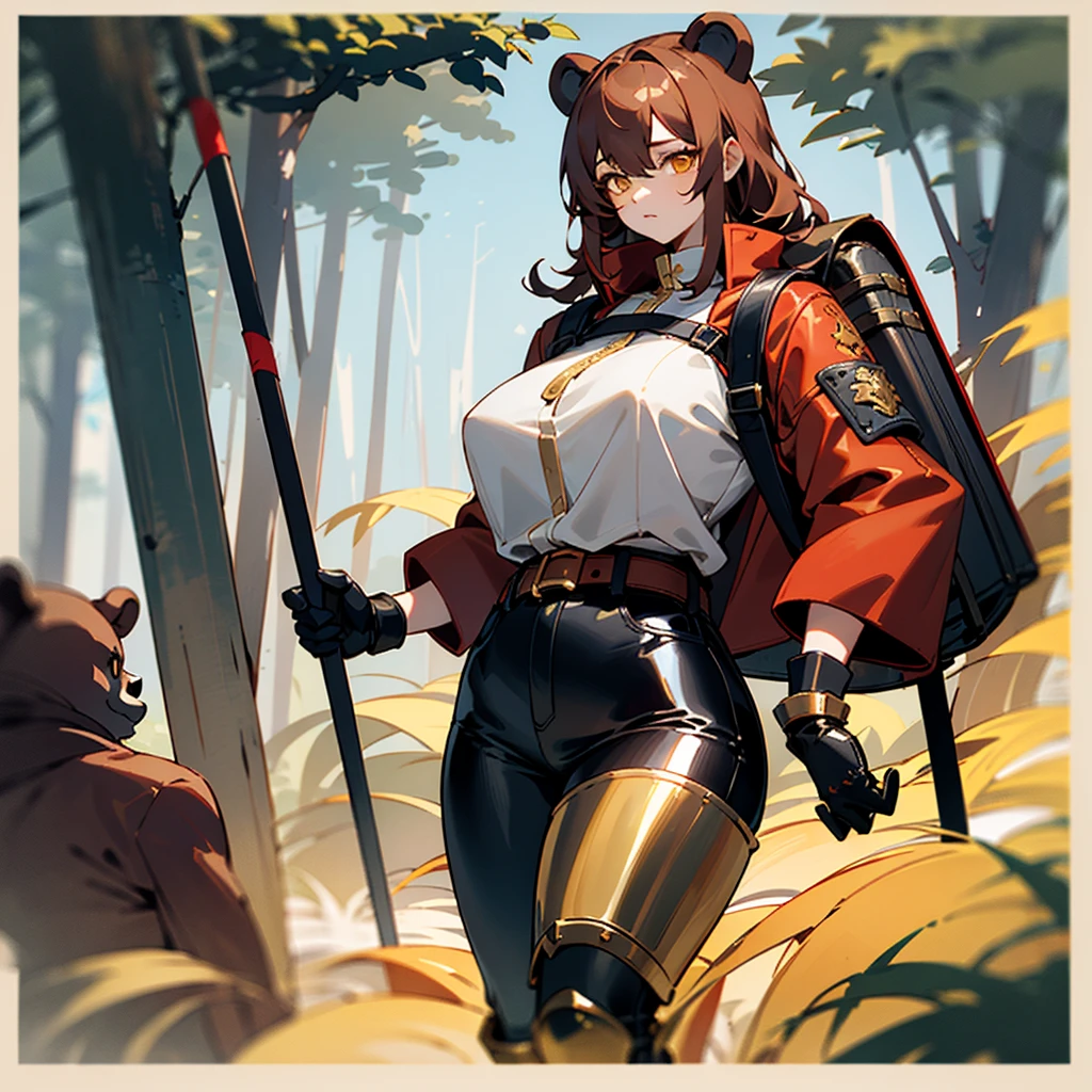 young Korean woman, golden eyes, sandy hair, tanned bronze skin, huge chest, wearing a red coat with rolled up sleeves, heavy steel gold armor, wide leather belt, black leather pants with steel thigh guards, steel plate gloves, hiking backpack, comes with a red bear along a path overgrown with flowers, surrounded by a coniferous forest,