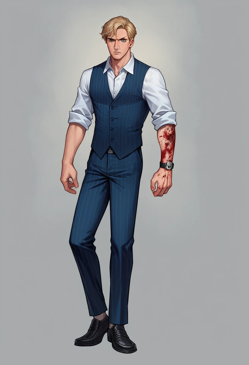 Aaron Taylor Johnson, defined body, serious expression, A blue striped suit vest, A white dress shirt with the sleeves rolled up to the elbows, Matching pants with a vest, blue suit with pinstripes, black dress shoes, watch on left wrist, tattoos on forearms, blood on cuffs, gray background
