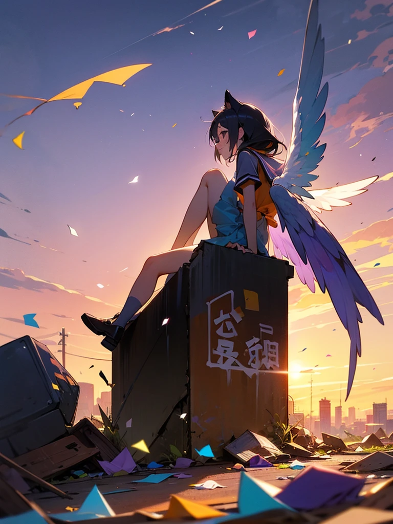 sideview,独奏,high school girl、Transparent white wings、Sitting on a rock、Orange and purple evening sky、A pile of discarded garbage、Looking at the sky、Graffiti、Confetti、