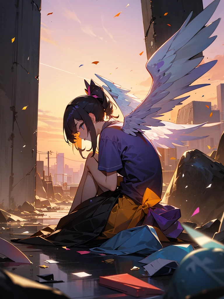 sideview,独奏,high school girl、Transparent white wings、Sitting on a rock、Orange and purple evening sky、A pile of discarded garbage、Looking at the sky、Graffiti、Confetti、