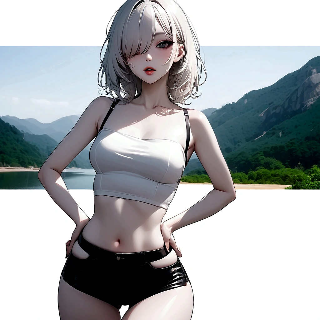 Girl, K-pop, nature background , beautiful, ethereal, Korean, hot, pale skin, defined lips, curves, korean, albino, gray eyes, crop top, shorts, slim, pretty, delicate, sexy, seductive, playful, solo, (Hair Over One Eye), feminine, face focus