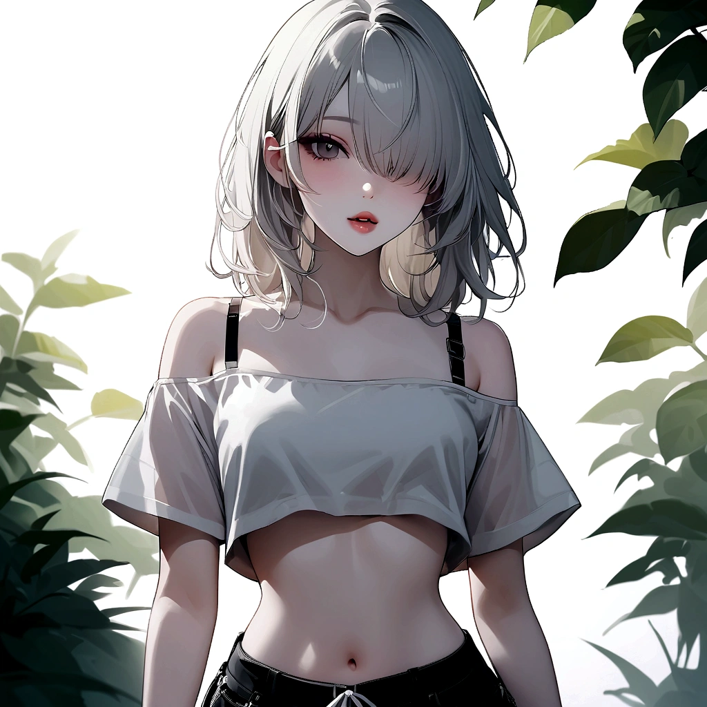 Girl, K-pop, nature background , beautiful, ethereal, Korean, hot, pale skin, defined lips, curves, korean, albino, gray eyes, crop top, shorts, slim, pretty, delicate, sexy, seductive, playful, solo, (Hair Over One Eye), feminine, face focus