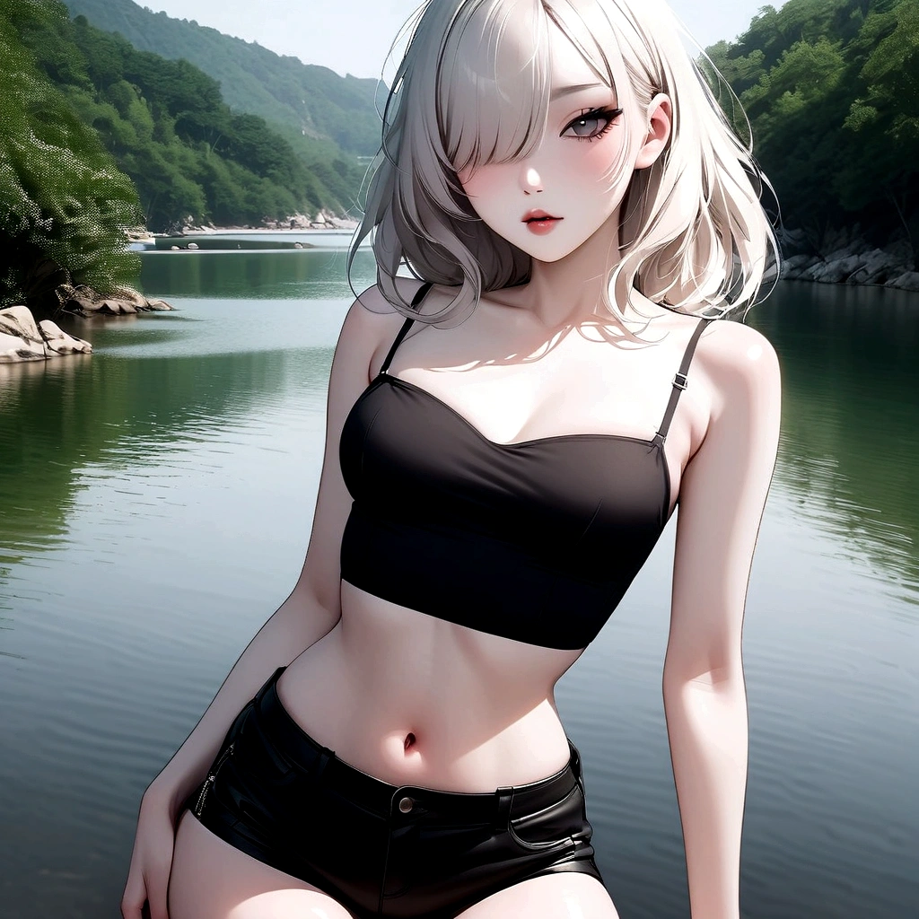 Girl, K-pop, nature background , beautiful, ethereal, Korean, hot, pale skin, defined lips, curves, korean, albino, gray eyes, crop top, shorts, slim, pretty, delicate, sexy, seductive, playful, solo, (Hair Over One Eye), feminine