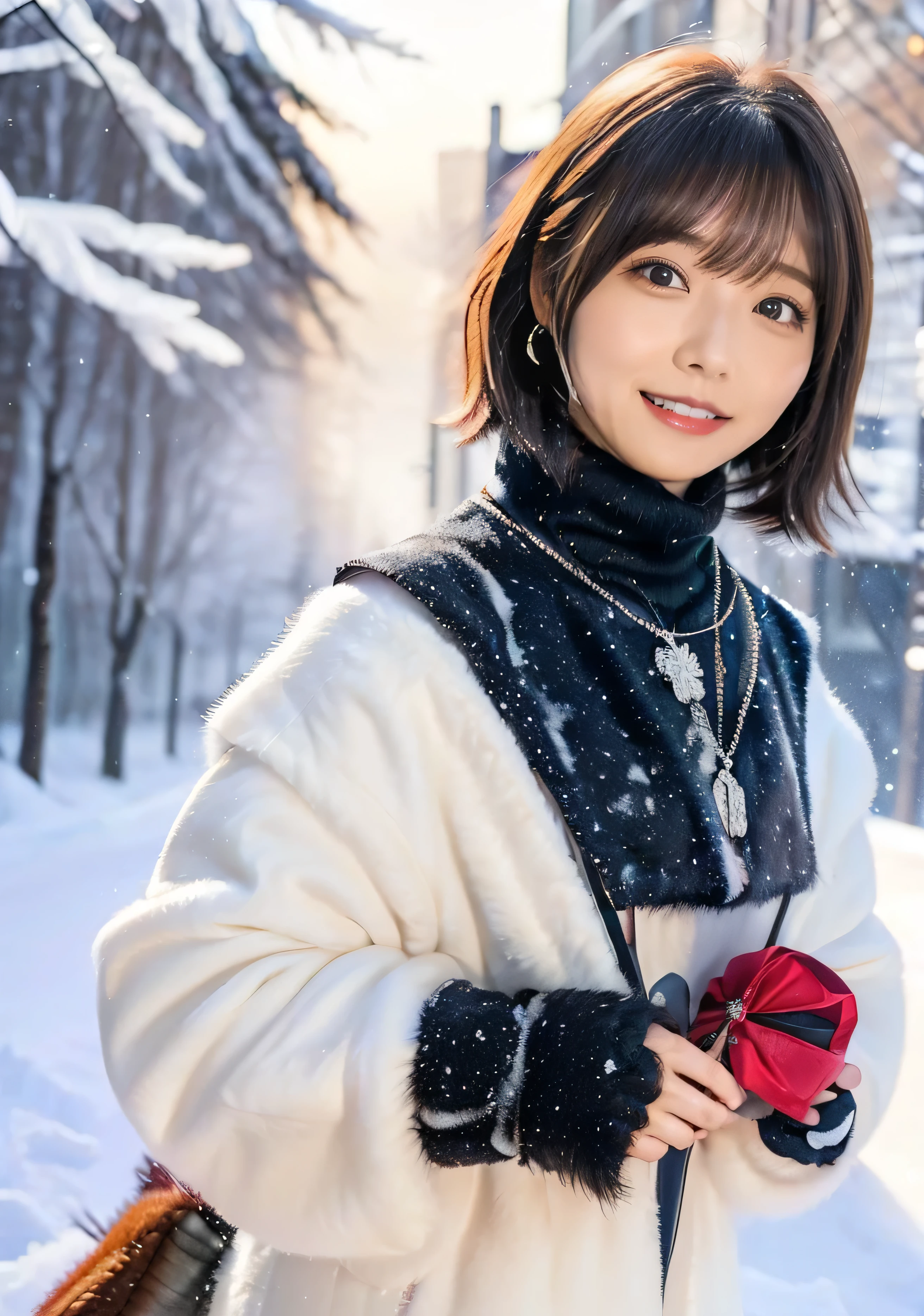 Holding a kitten、Photo from the waist up、Night city illumination shot、Cowgirl Shot、Fur coat、Luxurious grey mink fur coat、Wear fine leather boots、Luxury Bags、Inner turtleneck、Silver necklace and small silver earrings Millionaire style:1.4))、Full body photo、smile、 Caustics、Highly detailed photos、Very beautiful woman 、Ample breasts、No makeup、(8K、RAW Photos、Highest quality、masterpiece:1.2)、(Realistic、Realistic)、1 Girl、((Medium Short Hair、Midwinter、Cold region Snow falling、The wind is blowing、Fluttering Hair、Blur the background、Colorful illuminations、Looking into the camera:1.4))、