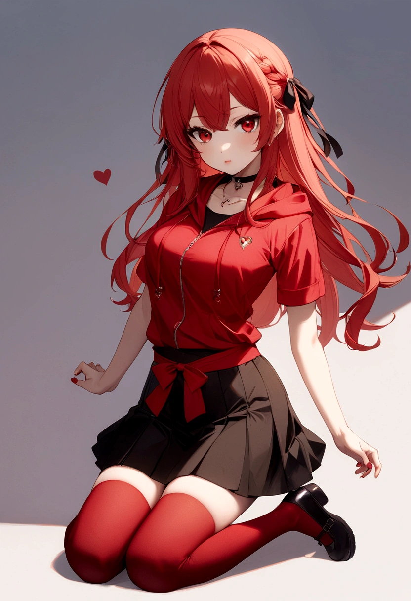 a girl with a black skirt and a small red shirt on top of is red stockings . red zip up hoodie, black shirt underneath with short sleeves and ,red hair, long hair and a flower with a ribbon on the bottom on the side on the hair and red eyes has a black Choker , and a small heart red necklace , has a ribbon bow waistband, main color red , full body 