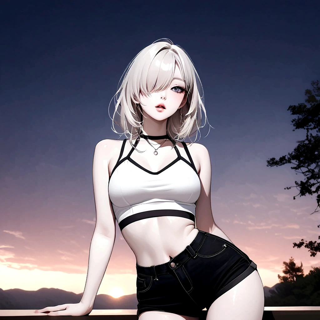 Girl, K-pop, nature background , beautiful, ethereal, Korean, hot, pale skin, defined lips, curves, korean, albino, gray eyes, crop top, shorts, slim, pretty, delicate, sexy, seductive, playful, solo, (Hair Over One Eye), feminine