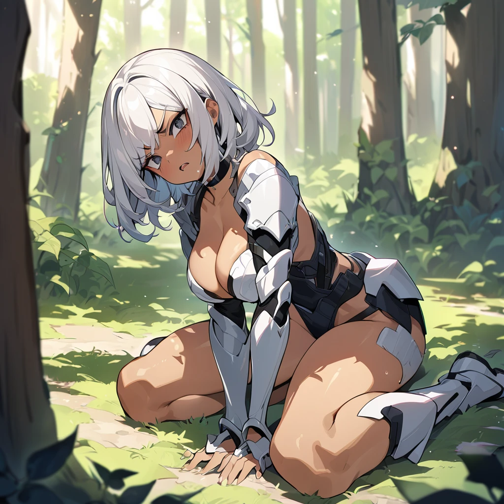(anime style),masterpiece, best quality, extremely detailed,18Years old,tanned skin,dark skin, Beautiful body,rarge breasts press,BREAK,multicolored colorful white hair,shaggy hair,very short hair,BREAK,black eyes,black choker,dignified face,disgust,angry face,open mouth,detailed lips,,BREAK,with vertical stripes sweater,ripped Princess knight light armor,break,head tilt,in the woods,hands on legs,wariza,ivy clinging to the body,