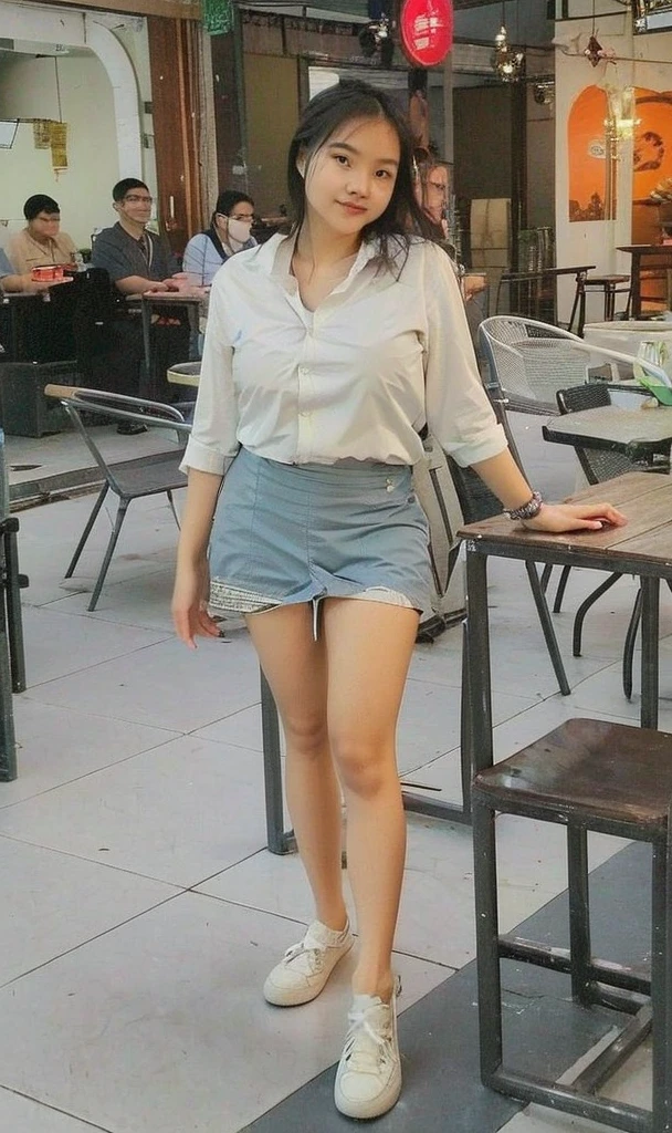(((Huge breasts :1.3))), 8k, RAW photo, wide angle shot, ((, very cute schoolgirl)), (Indonesian girl), (wearing Indonesia school uniform), (a hyperrealistic schoolgirl), (dressed as schoolgirl, hyperrealistic schoolgirl), wearing , realistic , posing, full body, nice skin, glowing skin, nice thighs, glowing thigh, glowing legs, ((in a crowded class room)) (converse shoes with long socks until below of knees), perfect body, wet body: 1.3, tanned skin, standing, full body, sexy pose, sexy look, sexy shot, Indonesian school girl