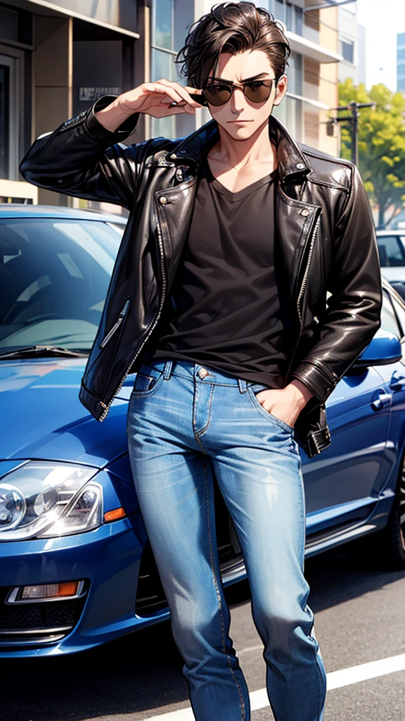  A cool guy in a leather jacket and jeans、Wearing sunglasses and leaning against a new car、Watching a small portable TV。