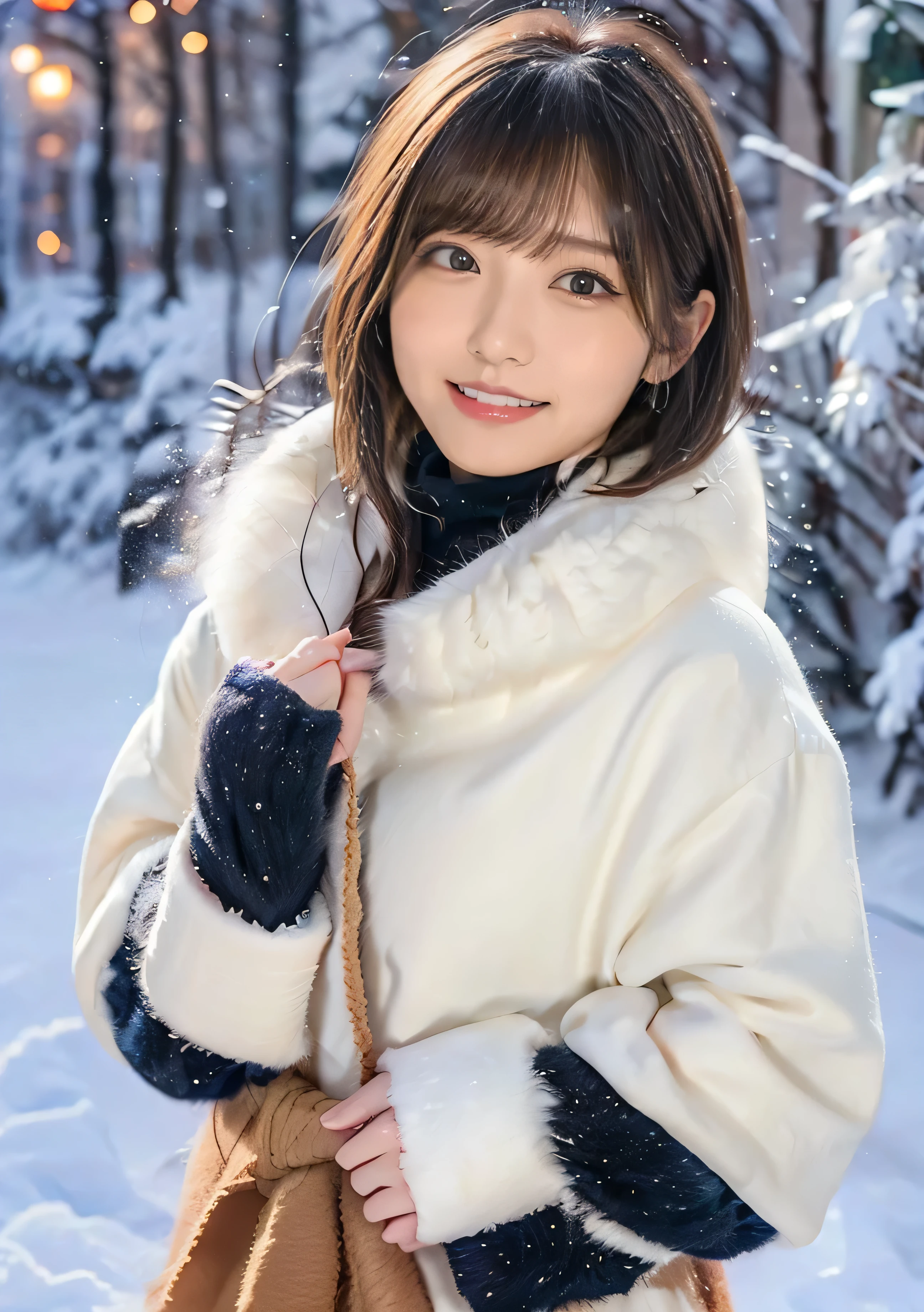 Holding a kitten、Photo from the waist up、Night city illumination shot、Cowgirl Shot、Fur coat、Luxurious grey mink fur coat、Wear fine leather boots、Luxury Bags、Inner turtleneck、Silver necklace and small silver earrings Millionaire style:1.4））、Full body photo、smile、 Caustics、Highly detailed photos、Very beautiful woman 、Ample breasts、No makeup、(8K、RAW Photos、Highest quality、masterpiece:1.2)、(Realistic、Realistic)、1 Girl、((Medium Short Hair、Midwinter、Cold region Snow falling、The wind is blowing、Fluttering Hair、Blur the background、Colorful illuminations、Looking into the camera:1.4))、
