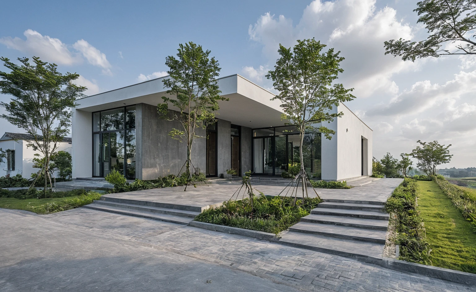 Masterpiece, high quality, best quality, authentic, super detail, outdoors, onestoreyvillaXL, aiaigroup, house style modern on the street ,stairs, white wall ,road,pavement, grass, trees, sky, cloud, (daylight:1.1)
