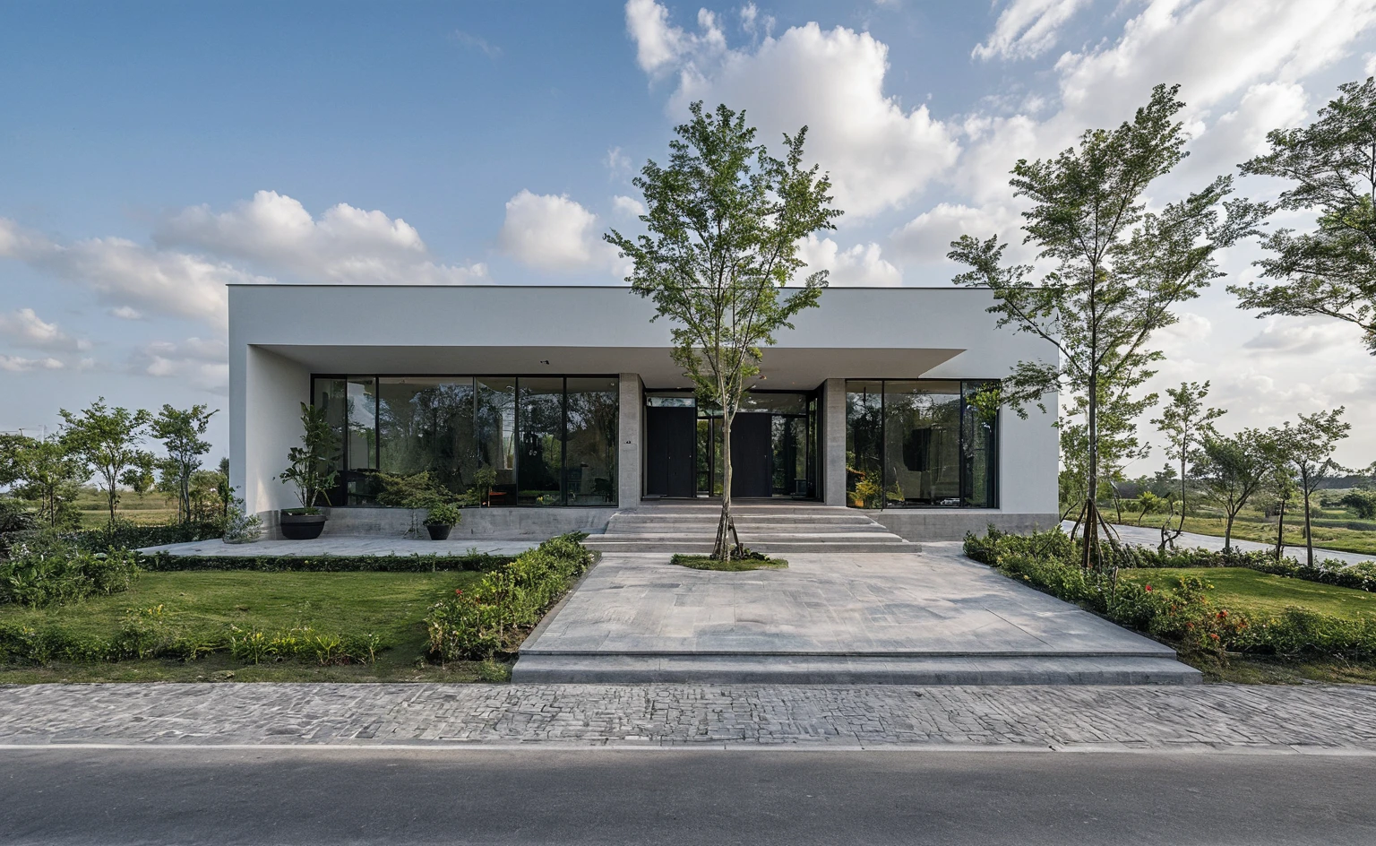 Masterpiece, high quality, best quality, authentic, super detail, outdoors, onestoreyvillaXL, aiaigroup, house style modern on the street ,stairs, white wall ,road,pavement, grass, trees, sky, cloud, (daylight:1.1)
