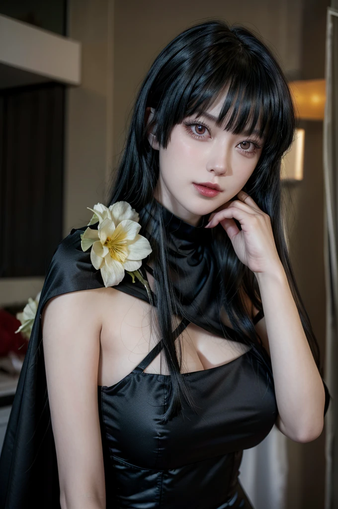 Yor from spy x family, realistic, age 25, pure white skin, dark red pupils, black long hair, flower hair clip, black assassin dress, perfect face, perfect shape body, large breasts, clothes covered upper body, 3d .