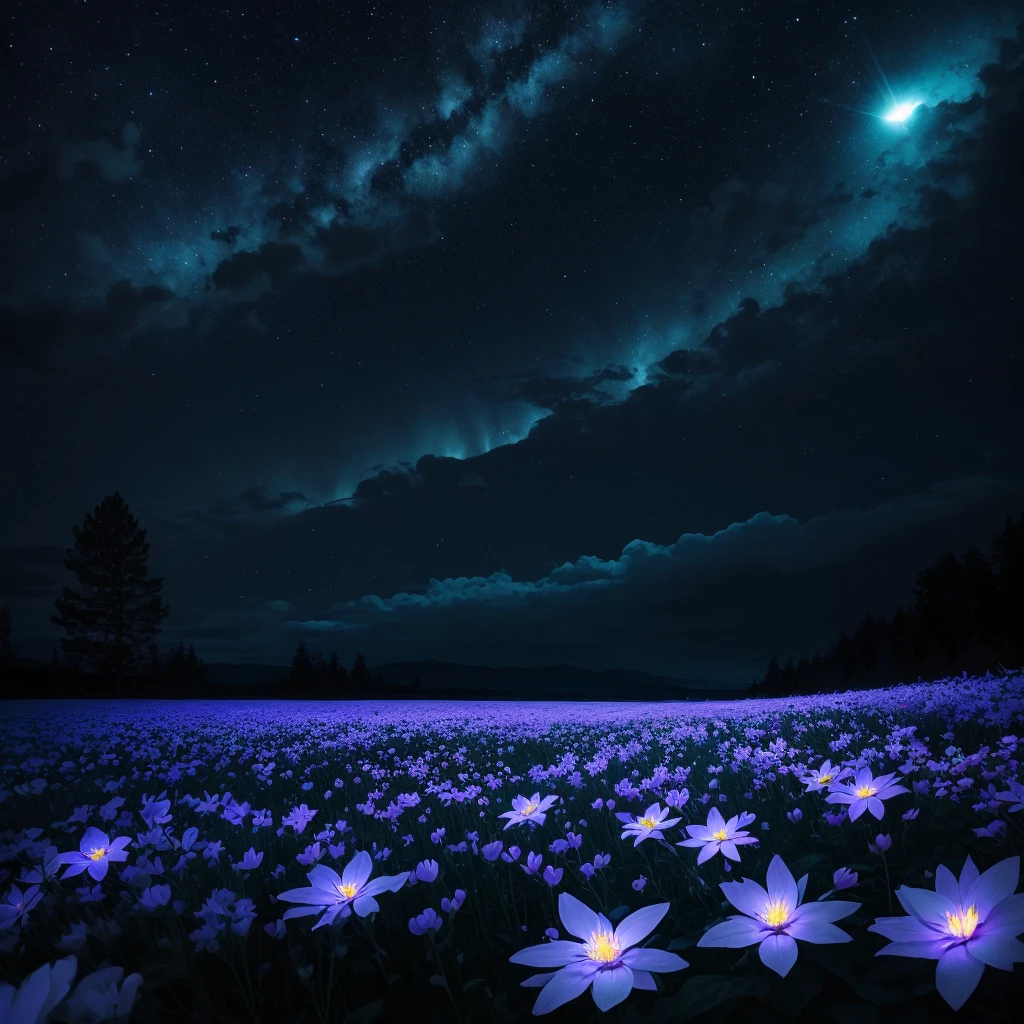 there are many white flowers in the dark with a black background, digital art by Bruce Munro, flickr, conceptual art, glowing flowers, luminous flowers, beautiful blue lights, glowing blue, bioluminescent plants, night sky full of flowers, blues. beautiful, ethereal blue lighting, blue lights, field of flowers at night, blue flowers